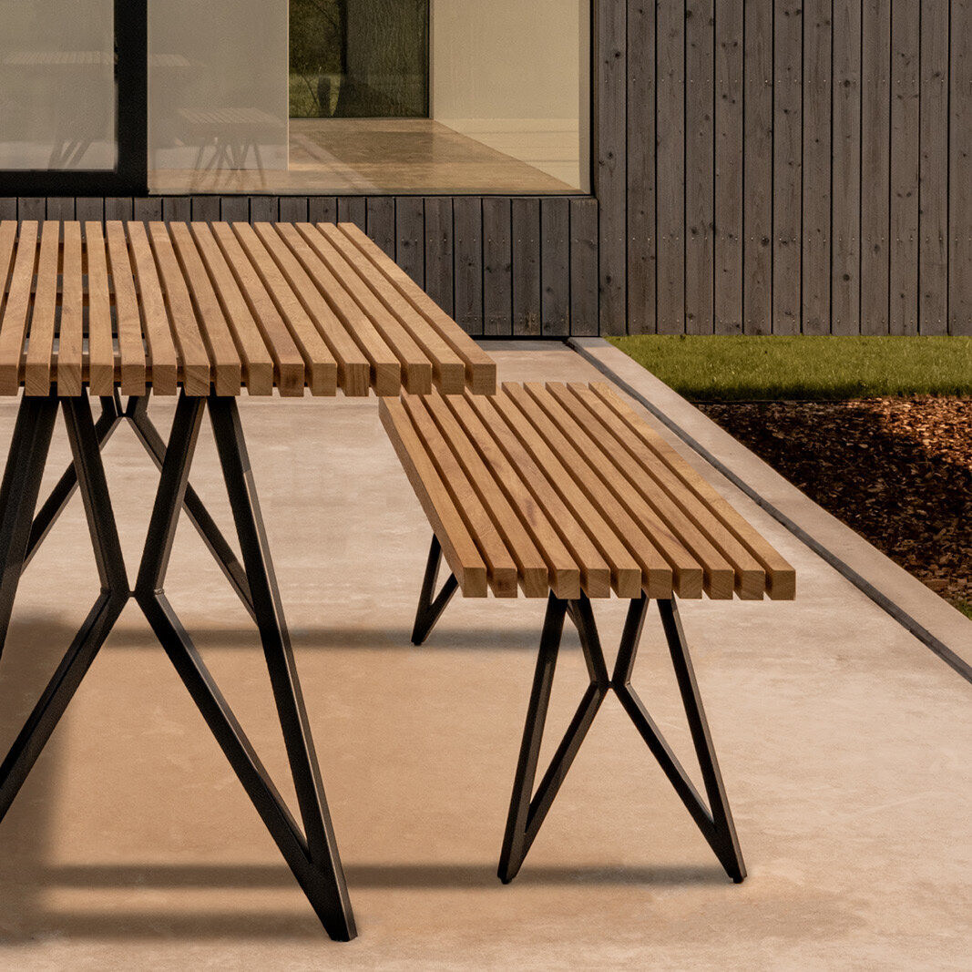 Design Dining Bench | Butterfly Outdoor Bench Steel white powdercoating | Iroko | Studio HENK | 