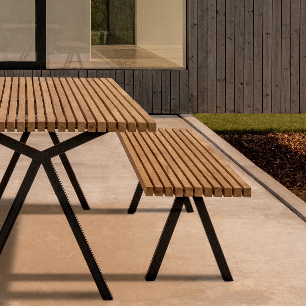 Design Dining Bench | Slim X-type Outdoor Bench Steel white powdercoating | Iroko | Studio HENK| 