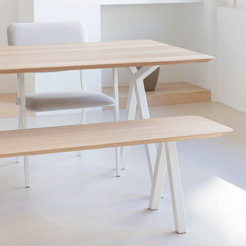 Design Dining Bench | Slim X-type Bench Steel white powdercoating | Oak white lacquer | Studio HENK| 