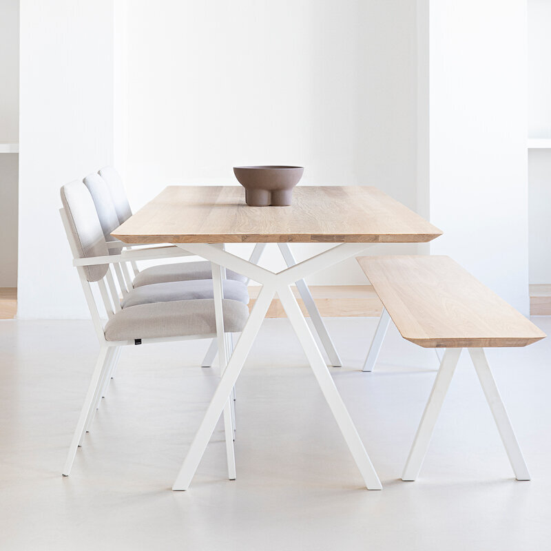 Design Dining Bench | Slim X-type Bench Steel white powdercoating | Oak white lacquer | Studio HENK| 
