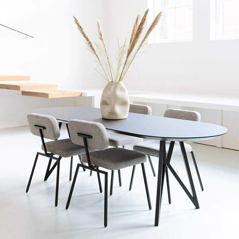 Flat oval Design dining table | Butterfly Steel white powdercoating | HPL Fenix grigio efeso | Studio HENK| 