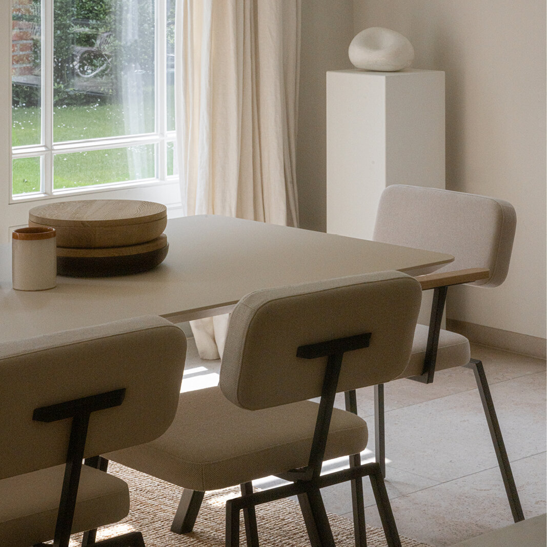 Rectangular Design dining table | Slim X-type Steel black powdercoating | HPL Unilin Lichen green | Studio HENK| 