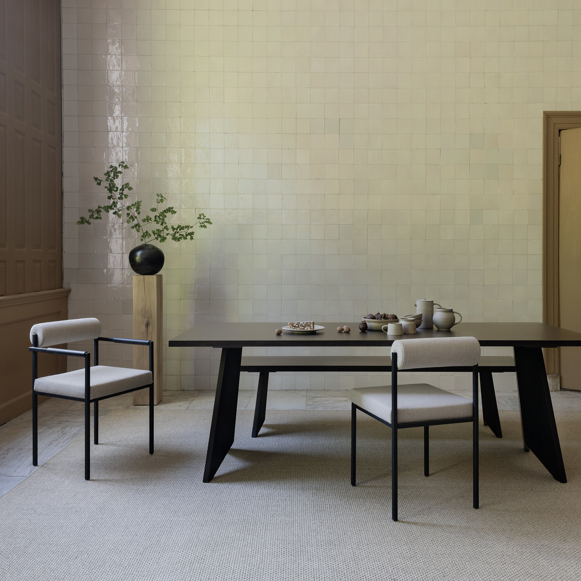 Design modern dining chair | Bolster Dining Chair with armrest Beige orion shitake124 | Studio HENK | 
