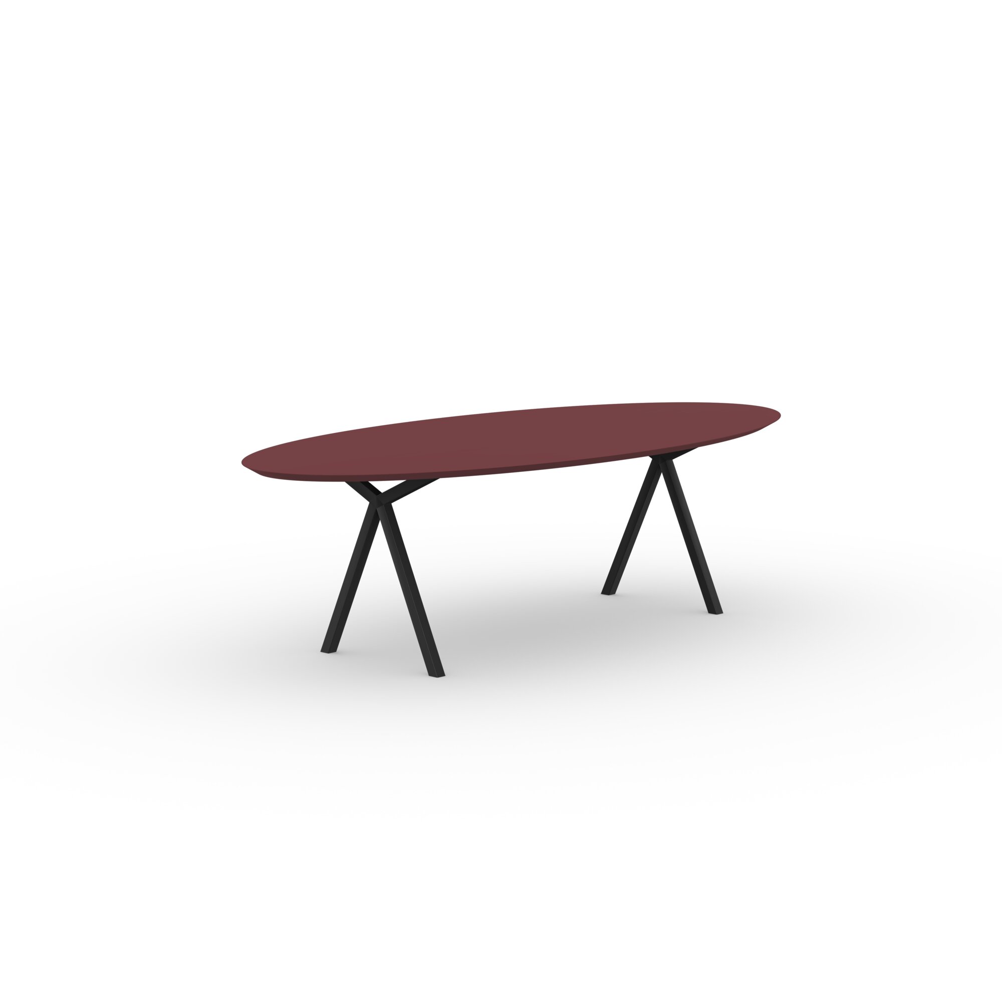 Oval Design dining table | Slim X-type Steel black powdercoating | HPL Fenix rosso jaipur | Studio HENK | 