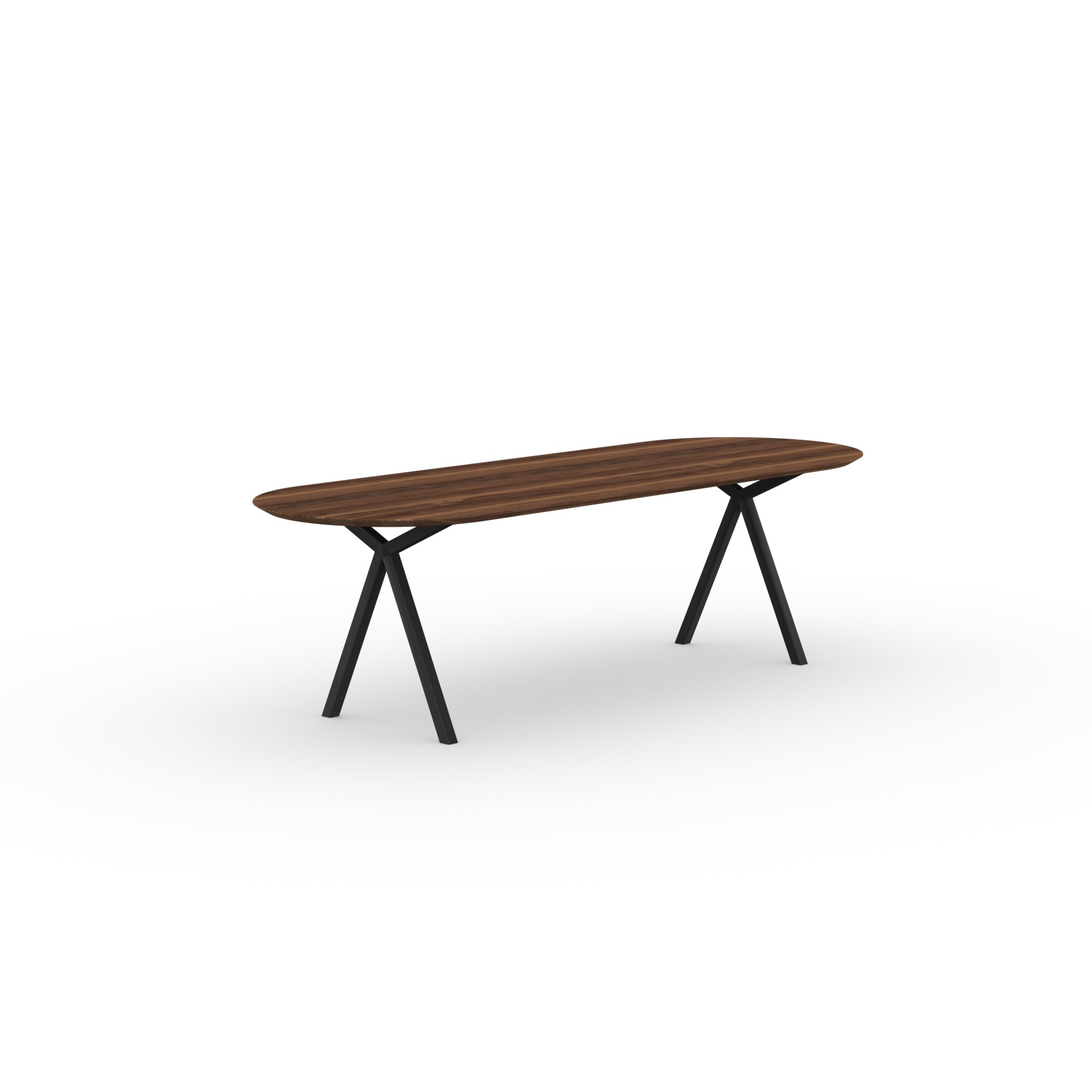 Flat oval Design dining table | Slim X-type Steel black powdercoating | Walnut naturel lacquer | Studio HENK| 