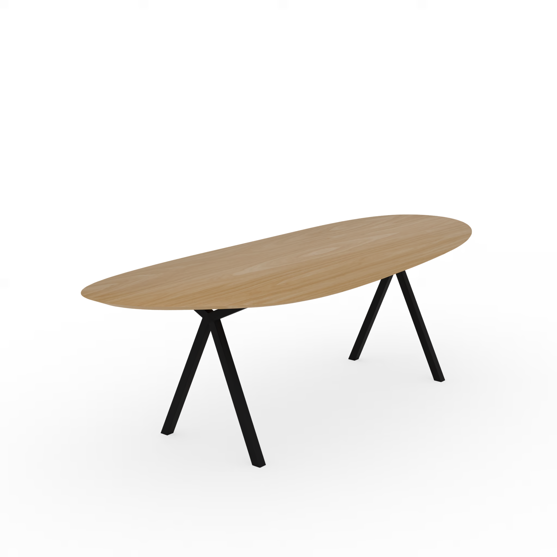 Slim X-type Blob Natural Oak Lacquer Steel Black Powder Coating Dining Table