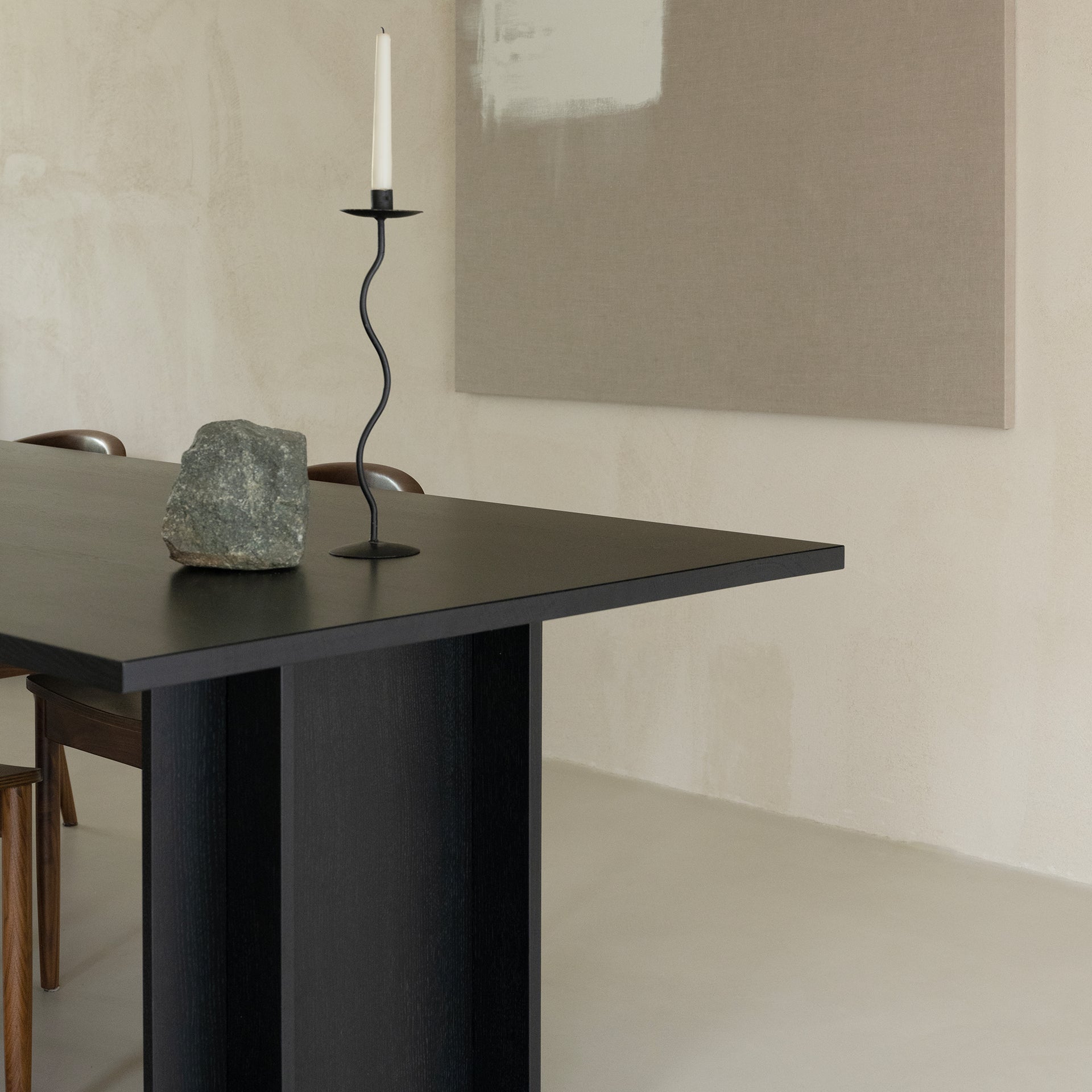 Column dining bench Oak black stain 180cm tapered
