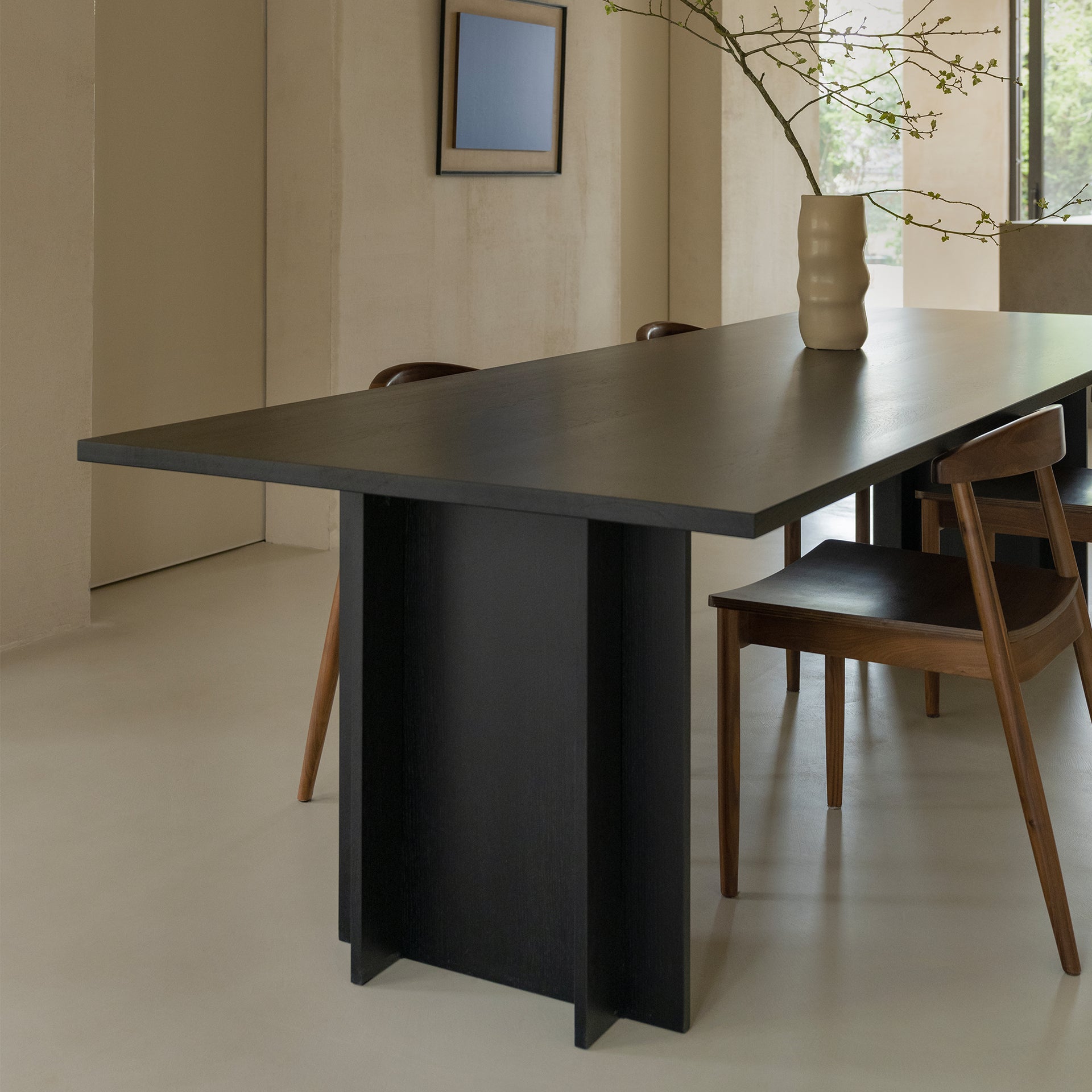 Column dining bench Oak black stain 180cm tapered
