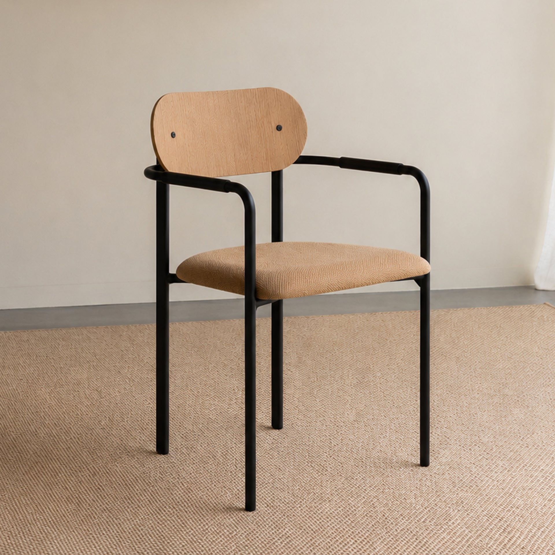 Oblique dining chair with armrest