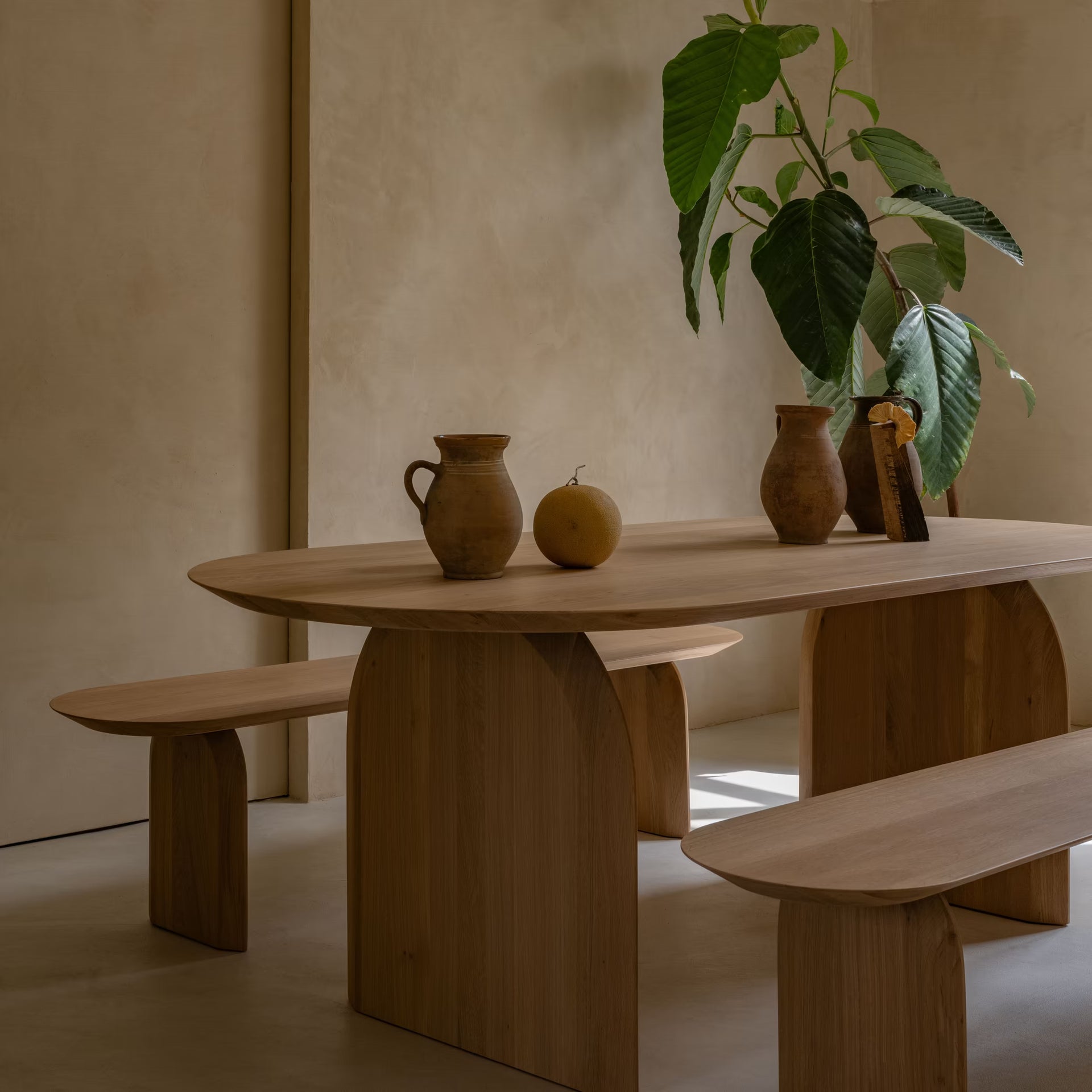 Slot dining bench Oak dark brown stain 180cm tapered